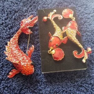Red Enamel Fish Brooch and Earrings Set